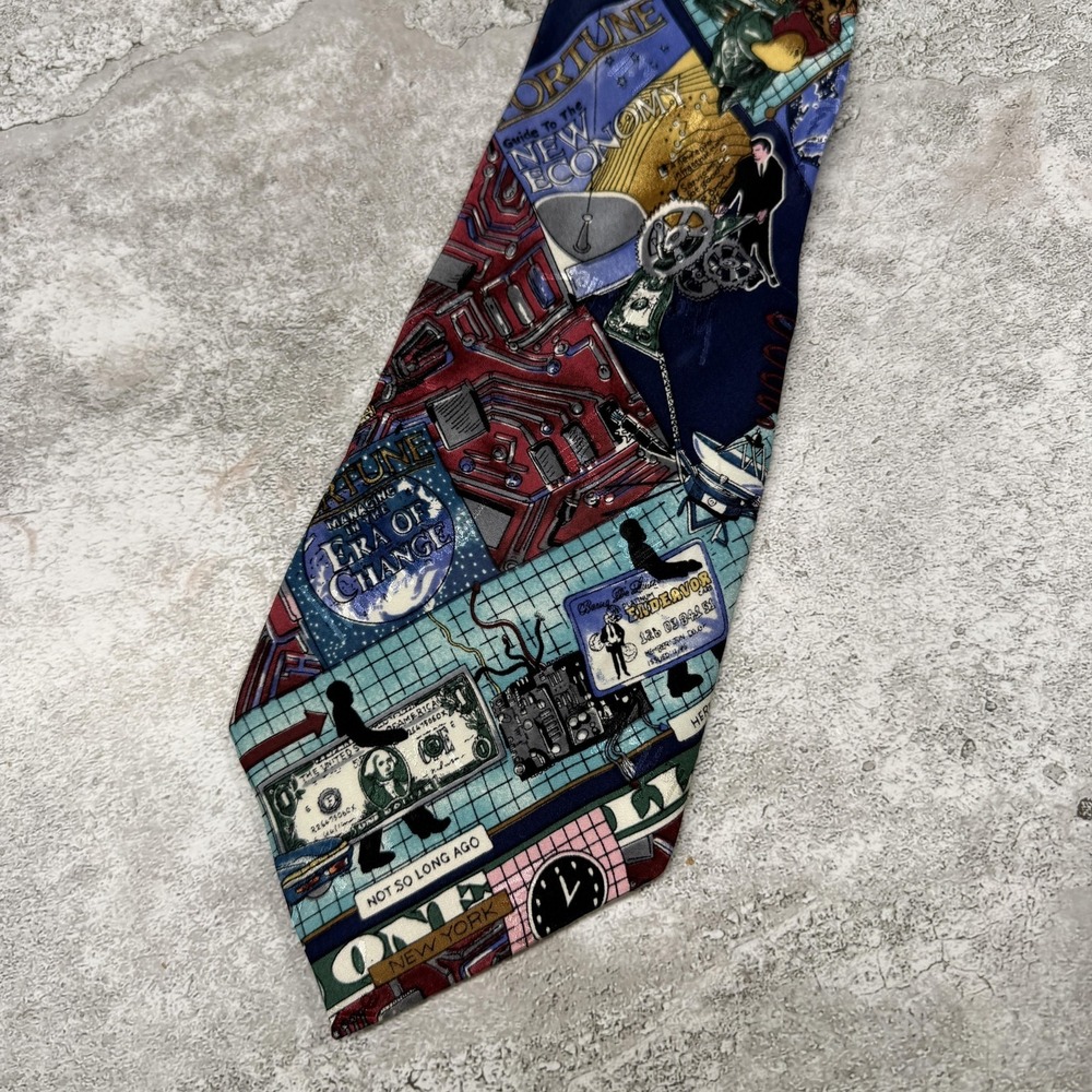 Vintage Nicole Miller Silk Tie Mens OS Blue Geometric Fortune Money‎ IKorea 90s